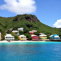 Caribbean Holidays, Luxury Caribbean Holidays, Scenic Caribbean coastline with lush hills, colourful local buildings and a clear blue sea under bright sunshine