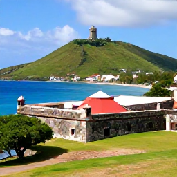 Caribbean Holidays, Luxury Caribbean Holidays, Scenic waterfront and historic Fort Oranje in Sint Eustatius, with lush green hills and the Caribbean Sea beyond