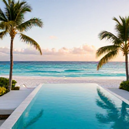 Caribbean Holidays, Luxury Caribbean Honeymoons, A luxurious beachfront suite overlooking turquoise Caribbean sea, private plunge pool, white sand beach and palm trees at golden hour