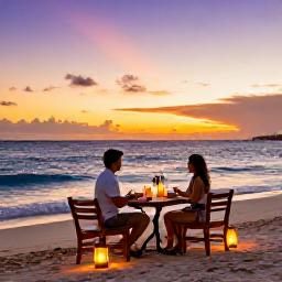 Caribbean Holidays, Luxury Caribbean Honeymoons, Couple enjoying a private candlelit dinner on a Caribbean beach, lanterns, gentle waves and a colourful sunset