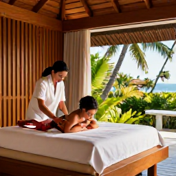 Caribbean Holidays, Luxury Caribbean Honeymoons, Elegant Caribbean resort spa with couple receiving a treatment, natural wood, tropical greenery and soft afternoon light