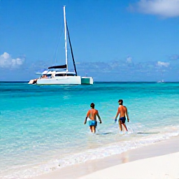 Caribbean Holidays, Luxury Caribbean July, Couple snorkelling in clear Caribbean water near a white sandy beach, with a luxury catamaran in the background