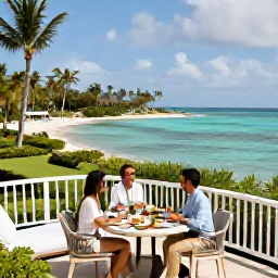 Caribbean Holidays, Luxury Caribbean July, Elegant luxury hotel terrace overlooking a clear Caribbean bay, with a couple enjoying breakfast and lush tropical gardens