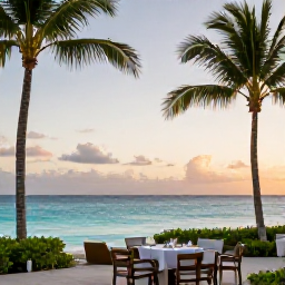 Caribbean Holidays, Luxury Caribbean July, Luxury beachfront resort in Barbados at sunset, palm trees, calm turquoise sea and elegant outdoor dining