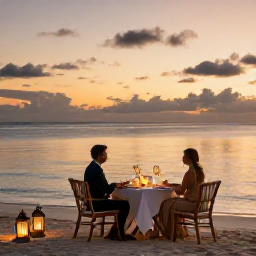 Caribbean Holidays, Luxury Caribbean November, Couple enjoying a sunset dinner on a Caribbean beach, elegant table setting, lanterns and calm sea in the background