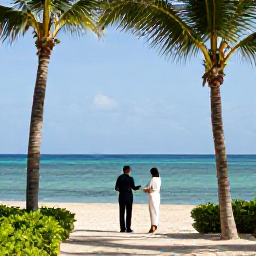 Caribbean Holidays, Luxury Caribbean November, Elegant luxury resort overlooking a calm Caribbean beach in November sunshine, with palm trees, turquoise water and discreet service