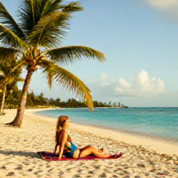 Caribbean Holidays, Luxury Caribbean November, Traveller relaxing on a quiet Caribbean beach with turquoise water, palm trees and warm golden November light