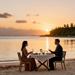 Caribbean Holidays, Luxury Caribbean October, Couple enjoying a private Caribbean beach dinner at sunset in October, elegant table setting, calm sea and tropical surroundings