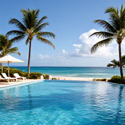Caribbean Holidays, Luxury Caribbean October, Elegant Caribbean resort swimming pool overlooking a tropical beach, October sunshine, palm trees and peaceful luxury atmosphere