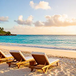 Caribbean Holidays, Luxury Caribbean October, Luxury beachfront resort in the Caribbean during October, warm turquoise sea, elegant sun loungers and soft morning light