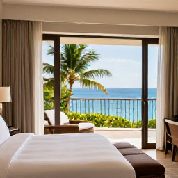 Caribbean Holidays, Luxury Caribbean October, Luxury Caribbean hotel room with open balcony overlooking the sea, October afternoon light, refined furnishings and tropical greenery