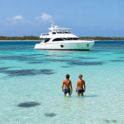 Caribbean Holidays, Luxury Caribbean Tours, Couple snorkelling in calm Caribbean waters near a coral reef, with a luxury boat and tropical coastline in the background