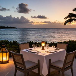 Caribbean Holidays, Luxury Caribbean Tours, Elegant Caribbean resort restaurant at sunset, table set for fine dining beside the sea with soft lantern light