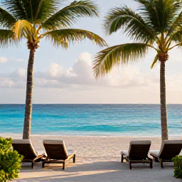 Caribbean Holidays, Luxury Caribbean Tours, Luxury Caribbean resort overlooking a clear turquoise sea, elegant loungers, palm trees and warm afternoon light