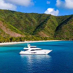 Caribbean Holidays, Luxury Caribbean Tours, Private Caribbean island tour with a sleek yacht near a secluded beach, lush hills and vivid blue water