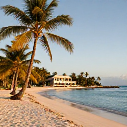 Caribbean Holidays, Luxury Caribbean Tours, Stylish Caribbean beach at golden hour with palm trees, calm water and a luxury villa in the distance