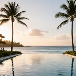 Caribbean Holidays, Luxury Caribbean Trips, Elegant beachfront luxury resort in Barbados with palm trees, infinity pool and calm Caribbean Sea