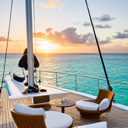 Caribbean Holidays, Luxury Caribbean Trips, Luxury catamaran sailing between beautiful Caribbean islands at sunset, with turquoise water and elegant deck seating