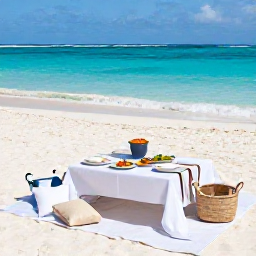Caribbean Holidays, Luxury Caribbean Trips, Private Caribbean beach picnic with elegant table setting, fresh tropical food and turquoise sea