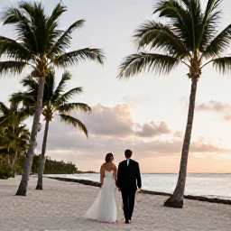 Caribbean Holidays, Luxury Caribbean Weddings, Caribbean bride and groom walking along a palm-fringed beach at sunset after their wedding