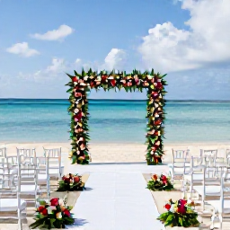 Caribbean Holidays, Luxury Caribbean Weddings, Elegant beachfront wedding ceremony at a luxury Caribbean resort, white chairs, tropical flowers and calm turquoise sea