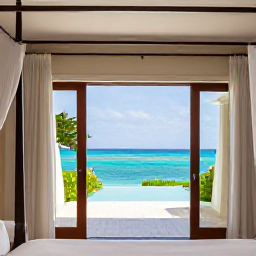 Caribbean Holidays, Luxury Caribbean Weddings, Luxurious Caribbean resort suite with four-poster bed, open doors to a private terrace and ocean view
