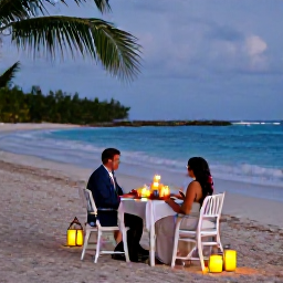 Caribbean Holidays, Luxury Caribbean Weddings, Romantic candlelit dinner for newlyweds on a Caribbean beach, lanterns, tropical flowers and gentle waves