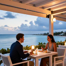 Caribbean Holidays, Luxury City Breaks, Couple dining at an elegant open-air Caribbean restaurant overlooking the sea at twilight