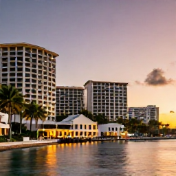 Caribbean Holidays, Luxury City Breaks, Elegant Caribbean city waterfront at sunset, luxury hotel, palm trees and softly lit historic buildings