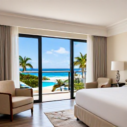 Caribbean Holidays, Luxury City Breaks, Luxury boutique hotel bedroom in a Caribbean city, large windows, elegant furnishings and tropical views