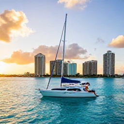 Caribbean Holidays, Luxury City Breaks, Private Caribbean sailing experience near a vibrant city, luxury boat on clear turquoise water with a golden evening sky