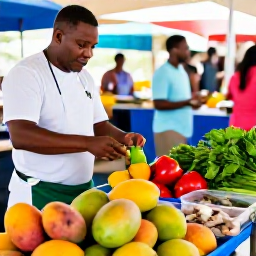 Caribbean Holidays, Luxury Cooking Holidays, Colourful Caribbean market with fresh mangoes, peppers, herbs, seafood and a friendly local cook choosing ingredients