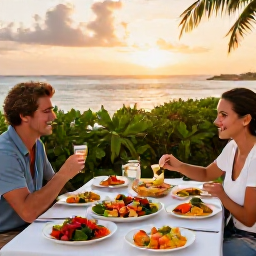 Caribbean Holidays, Luxury Cooking Holidays, Couple enjoying a relaxed Caribbean cooking lesson beside the sea, colourful dishes, tropical greenery and warm evening light