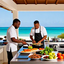 Caribbean Holidays, Luxury Cooking Holidays, Elegant Caribbean cooking class in a luxurious open-air kitchen overlooking a turquoise sea, fresh ingredients and local chef