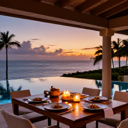 Caribbean Holidays, Luxury Cooking Holidays, Private Caribbean villa terrace with an elegant dining table, chef-prepared food, candlelight and a calm tropical sunset