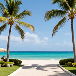 Caribbean Holidays, Luxury Cuba February, Elegant luxury hotel overlooking a turquoise Caribbean sea in Cuba, with palm trees and bright February sunshine