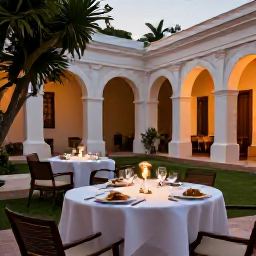 Caribbean Holidays, Luxury Cuba February, Private luxury dining experience in a Cuban courtyard, with local dishes, soft evening lighting and elegant table settings