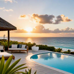 Caribbean Holidays, Luxury Cura&ccedil;ao April, Elegant Cura&ccedil;ao hotel terrace overlooking the Caribbean Sea at sunset, private pool, comfortable seating and tropical plants