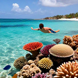 Caribbean Holidays, Luxury Cura&ccedil;ao April, Traveller snorkelling above colourful coral and tropical fish in clear Cura&ccedil;ao water near a sandy beach