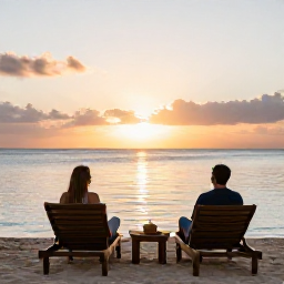 Caribbean Holidays, Luxury Cura&ccedil;ao Holidays, A couple relaxing on a quiet Cura&ccedil;ao beach at sunset, with luxury loungers, calm sea and a warm golden sky