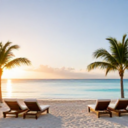 Caribbean Holidays, Luxury Cura&ccedil;ao Holidays, A luxurious beachfront resort in Cura&ccedil;ao at sunrise, with calm turquoise water, white sand, palm trees and elegant loungers
