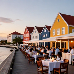 Caribbean Holidays, Luxury Cura&ccedil;ao Holidays, A stylish waterfront restaurant in Willemstad, Cura&ccedil;ao, at sunset, with outdoor tables, colourful colonial buildings and diners enjoying dinner