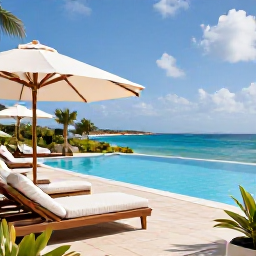 Caribbean Holidays, Luxury Cura&ccedil;ao Holidays, An elegant Cura&ccedil;ao hotel terrace overlooking the Caribbean Sea, with an infinity pool, shaded loungers and tropical planting
