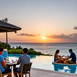 Caribbean Holidays, Luxury Cura&ccedil;ao Holidays, Elegant Cura&ccedil;ao resort terrace at sunset, with guests dining beside a swimming pool and the Caribbean Sea beyond
