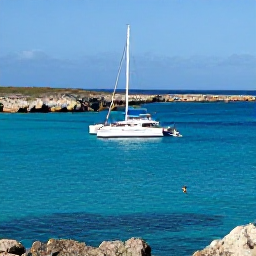 Caribbean Holidays, Luxury Cura&ccedil;ao Holidays, Luxury catamaran sailing along Cura&ccedil;ao coastline in February, with clear blue water, rugged coves and snorkellers