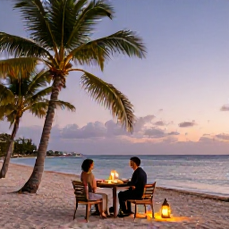 Caribbean Holidays, Luxury Cura&ccedil;ao Holidays, Romantic luxury dinner for two on a Cura&ccedil;ao beach at dusk, with lanterns, palm trees and a calm sea