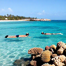 Caribbean Holidays, Luxury Curacao March, Couple snorkelling in crystal-clear Cura&ccedil;ao water above colourful coral and tropical fish near a secluded beach