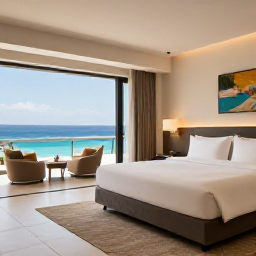 Caribbean Holidays, Luxury Curacao March, Elegant Cura&ccedil;ao hotel suite with private terrace, ocean view, modern Caribbean decor and a couple relaxing in comfort
