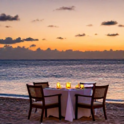 Caribbean Holidays, Luxury Curacao March, Romantic luxury sunset dinner on a Cura&ccedil;ao beach, softly lit table, calm sea and warm evening sky
