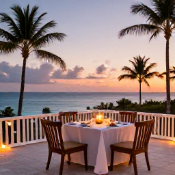 Caribbean Holidays, Luxury Cura&ccedil;ao May, Elegant Cura&ccedil;ao resort terrace overlooking the Caribbean Sea at sunset, candlelit dining table and palm trees